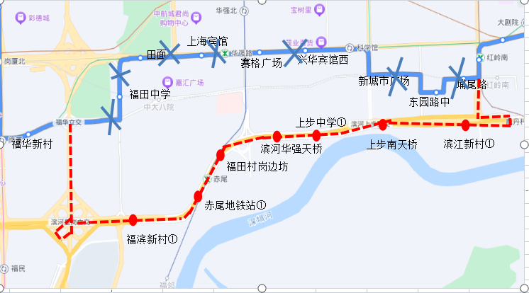 14线（往北斗总站方向）调整路段示意图